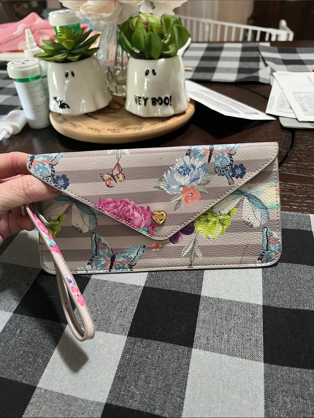 Betsy Johnson Floral Butterfly Envelope Wristlet Clutch - Pink